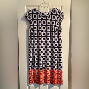 Liz Claiborne cap sleeve geometrical navy blue & orange dress